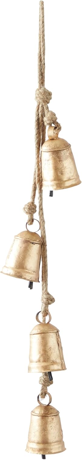 Deco 79 Metal Handmade Tibetan Inspired Decorative Cow Bells with 4 Bells on Jute Hanging Rope, 4" x 3" x 29", Gold