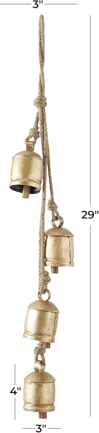 Deco 79 Rustic Metal Cowbell Decorative Bells, 4" x 3" x 29", Gold