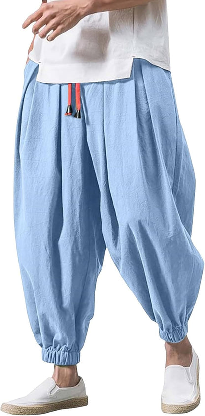 Linen Pants Men Casual Harem Pant Loose Stretchy Waist Casual Hippie Trousers Lightweight Loose Beach Yoga Pants