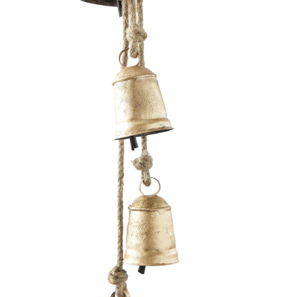Deco 79 Metal Handmade Tibetan Inspired Decorative Cow Bells with 4 Bells on Jute Hanging Rope, 4" x 3" x 29", Gold