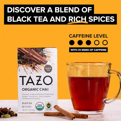 TAZO Organic Chai Black Tea Bags, Caffeinated tea, 16 Total Bags
