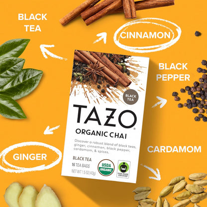 TAZO Organic Chai Black Tea Bags, Caffeinated tea, 16 Total Bags