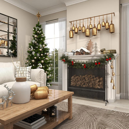 Deco 79 Metal Handmade Tibetan Inspired Decorative Cow Bells with 4 Bells on Jute Hanging Rope, 4" x 3" x 29", Gold