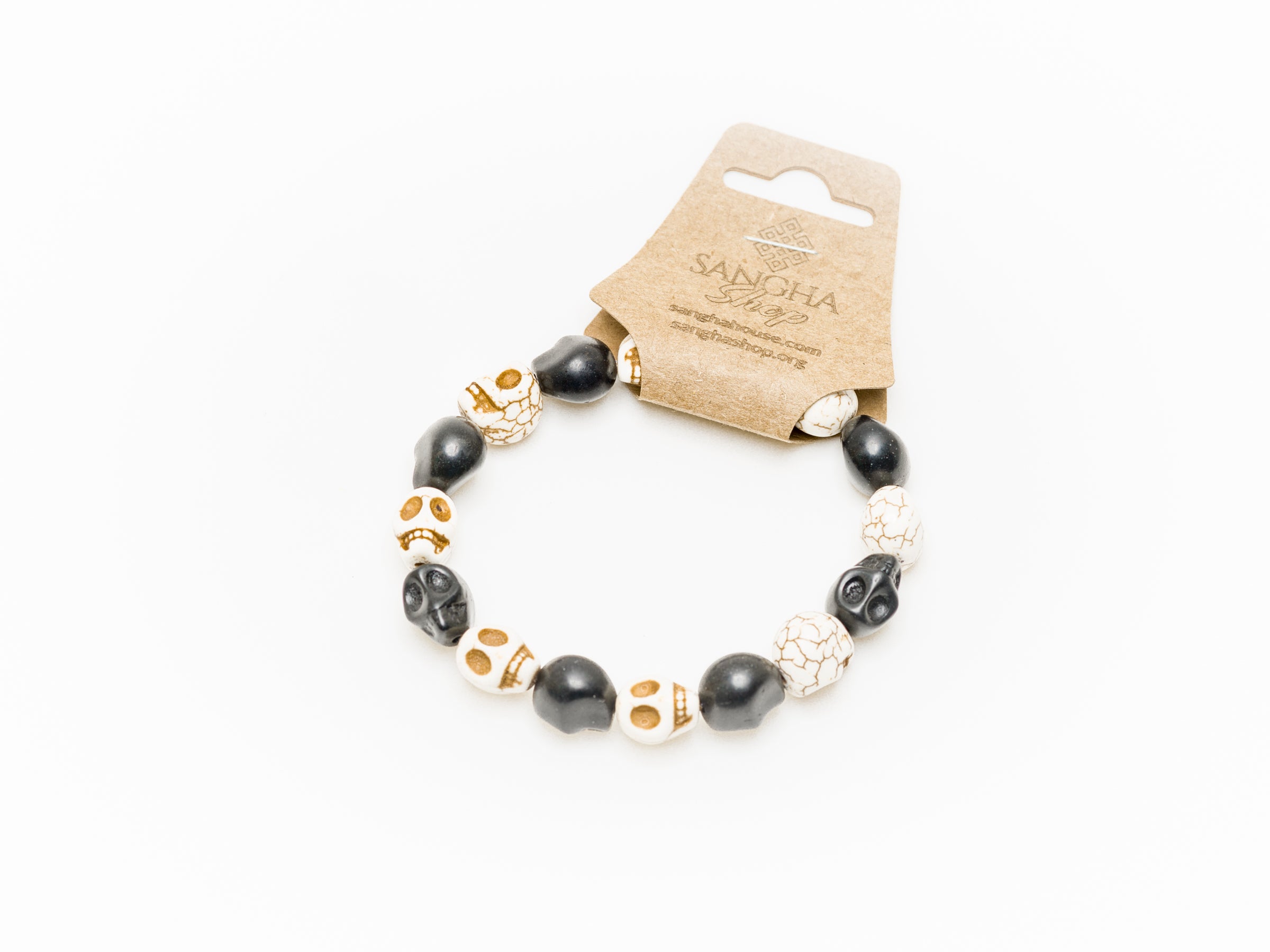 Skull Bead Mala Bracelet – White & Black Tibetan Howlite