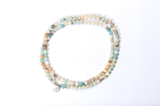 Natural Amazonite Gemstone 108 Bead Mala with Lotus Charm - 8mm