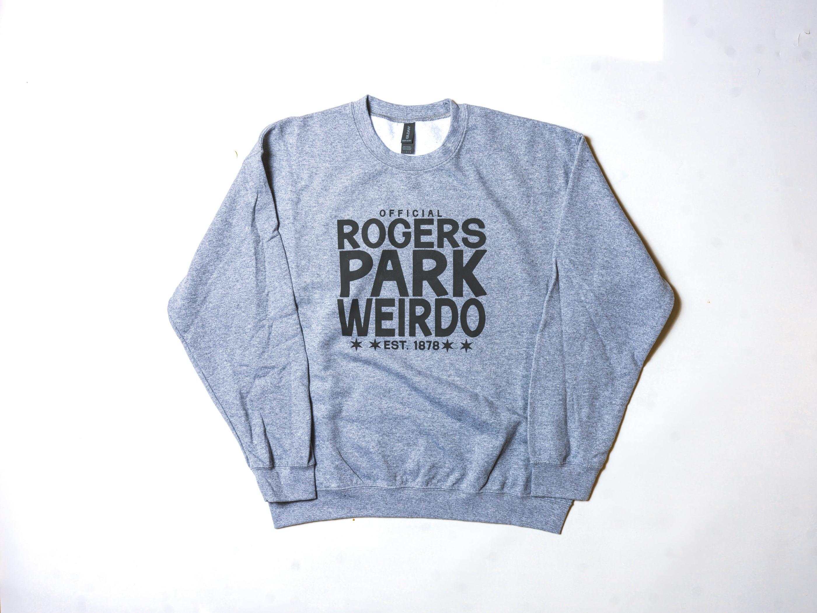 Gray sweatshirt with 'Official Rogers Park Weirdo' text on a white background