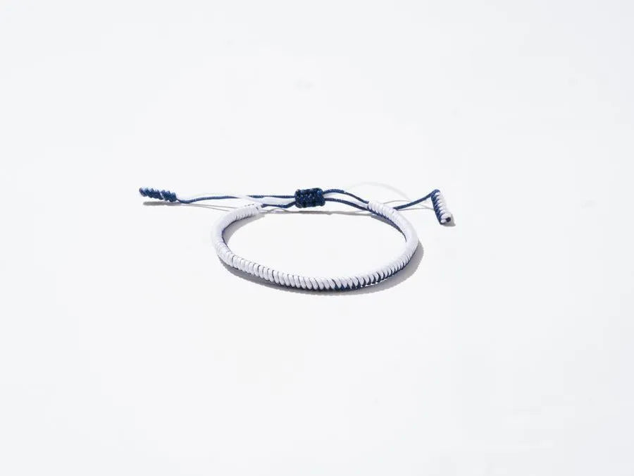 Blue and White Woven String Bracelet - Handmade at Sangha House