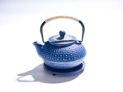 Blue Cast Iron Japanese Teapot – 27oz Enamel with Infuser & Trivet