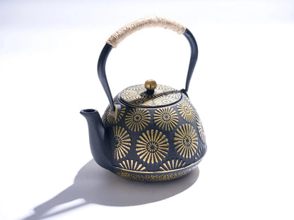 Japanese Cast Iron Tetsubin Teapot – 40oz Black & Gold Enamel with Infuser