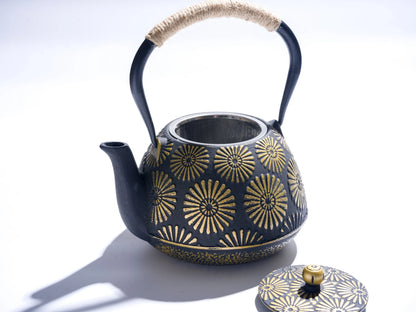 Japanese Cast Iron Tetsubin Teapot – 40oz Black & Gold Enamel with Infuser